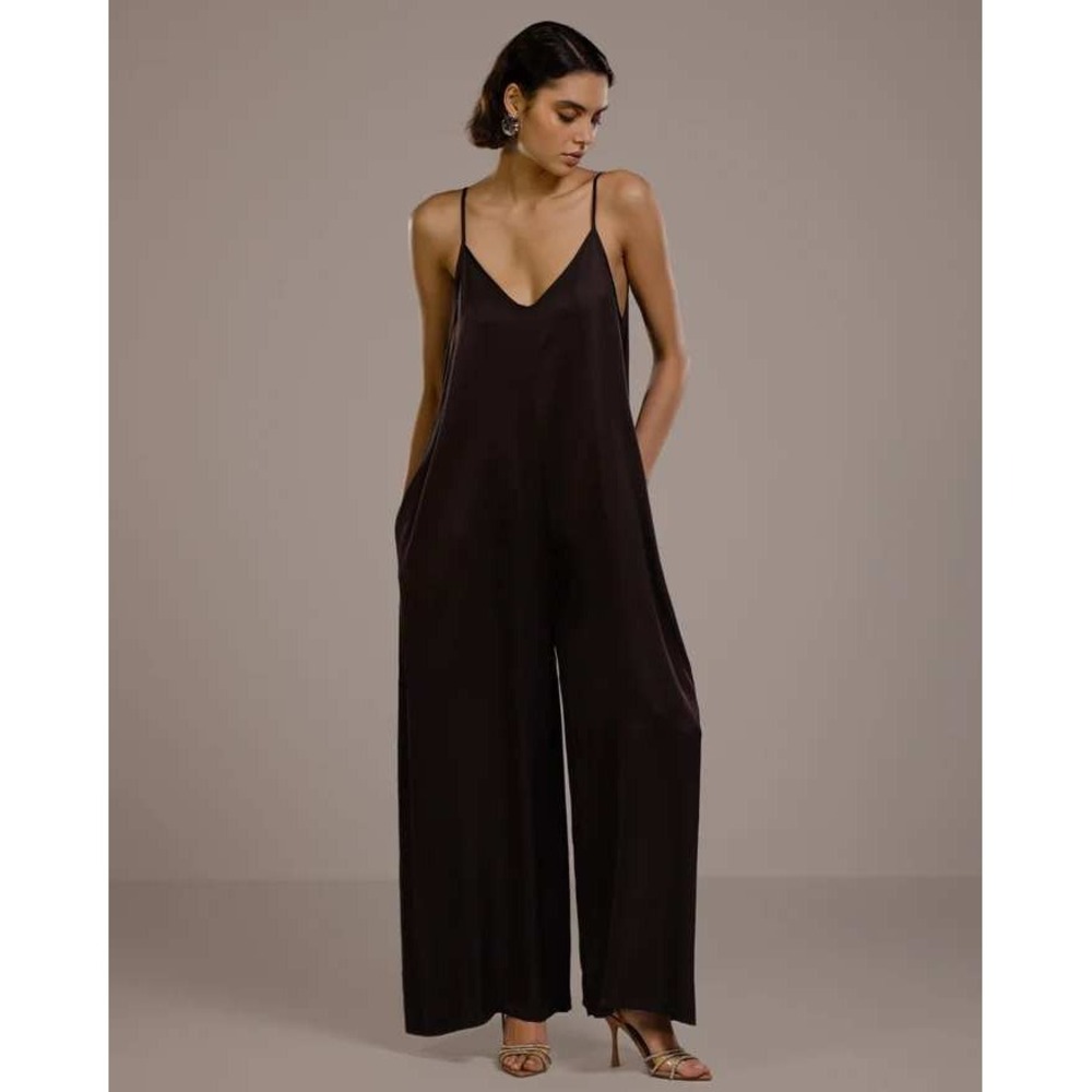 JAKI Womens Espresso Satin Wide Leg Jumpsuit Adjustable Straps Size M Italy NEW